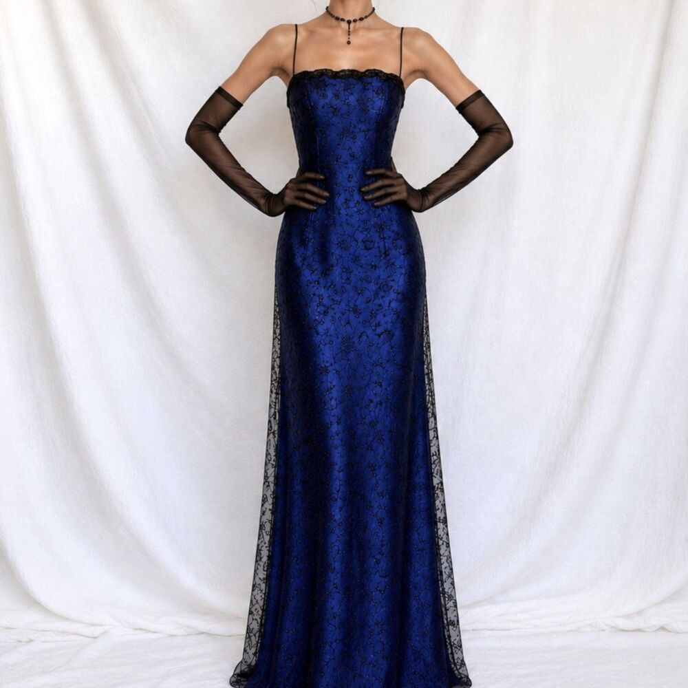 Vintage Y2K 90s Black Blue Velvet Mesh Glitter Fit Flared Maxi Prom Dress Size M